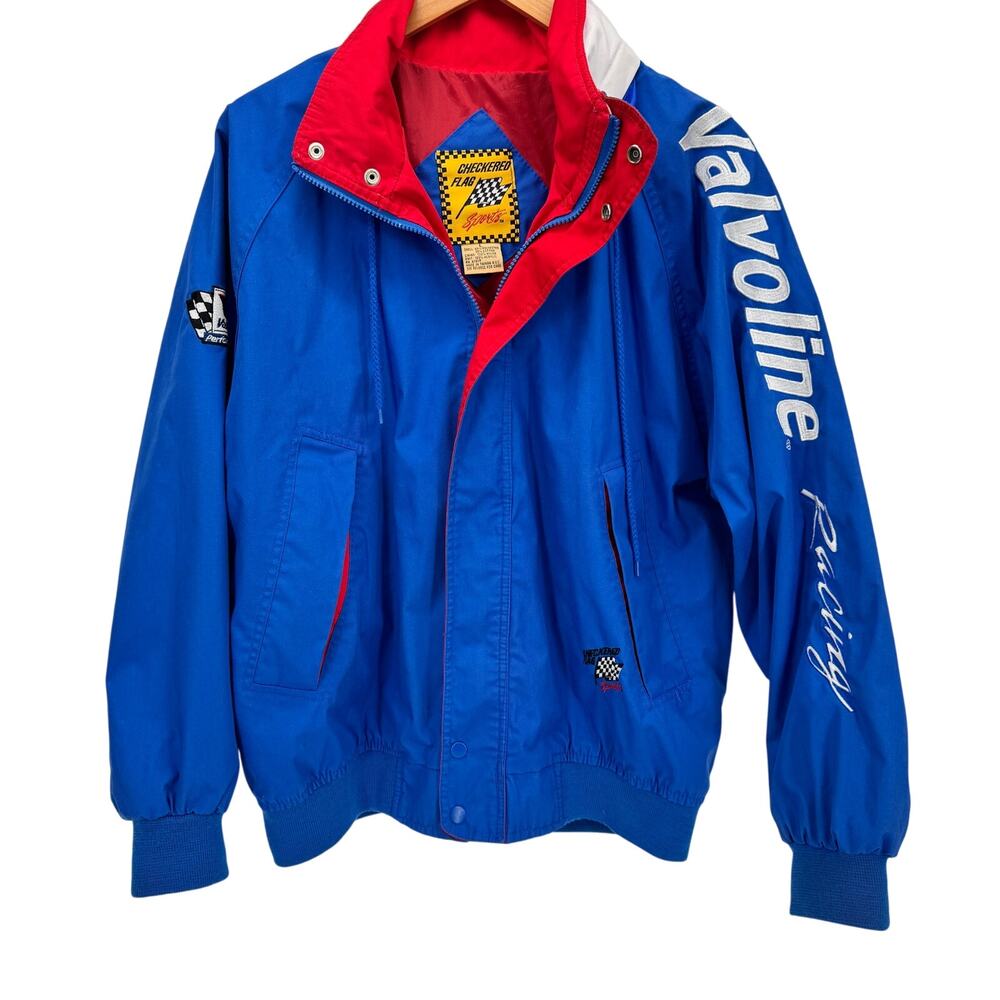 Vintage Nascar‎ Jacket Mens Large VALVOLINE RACING Blue Checkered Flag Sports